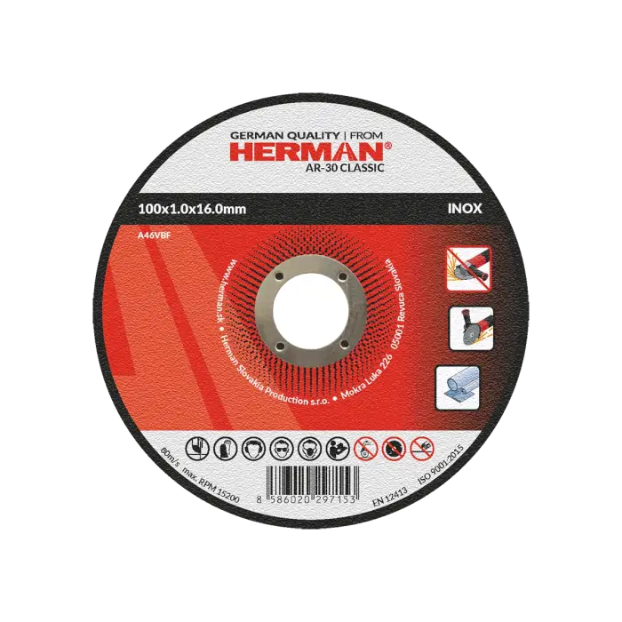 Řezný kotouč HERMAN AR-30 Classic|Na nerez 100x1,0x16,0mm|bez prolisu|TYP 41