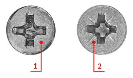 Obr. 1. Hlava šroubu Phillips (1) a Pozidriv (2)