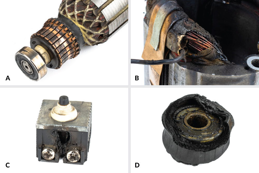 Obr. 6. Poškozený komutátor (A), shořelá izolace (B) a spínač (C), spálené gumové pouzdro ložiska (D)