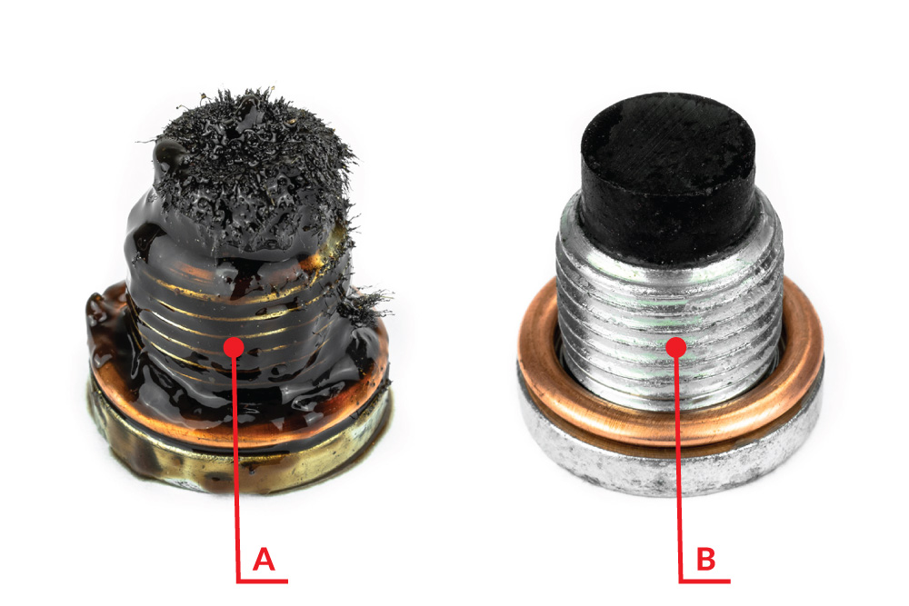 Obr. 1. Zanesený (A) a čistý (B) vypouštěcí šroub olejové vany