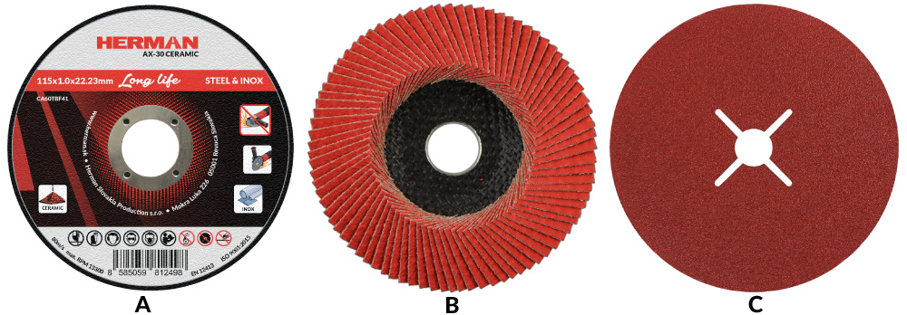 Obr. 2. řezný (A), lamelový (B) a fíbrový kotouč (C) z keramického brusiva